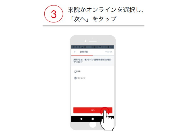 オンラインを選択し、次へをタップ